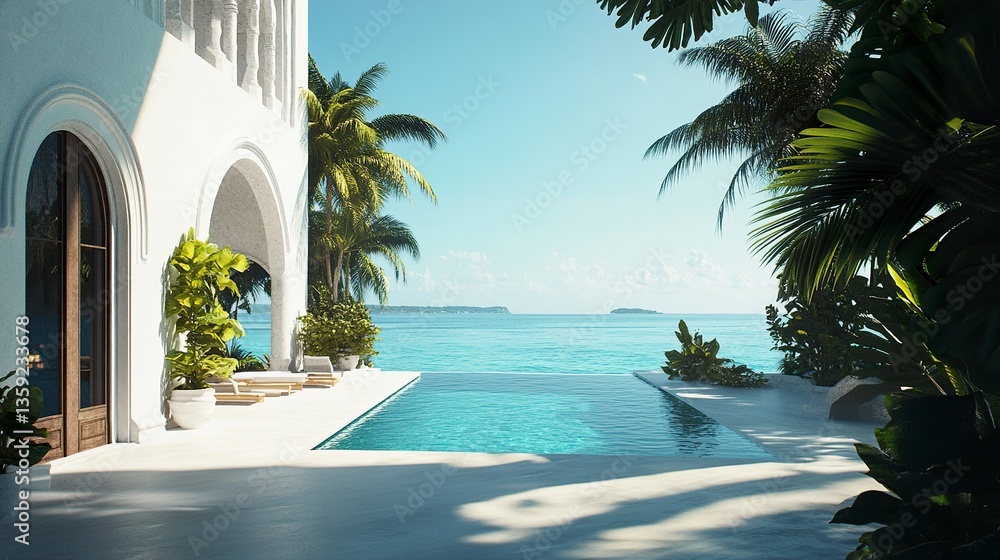 Fototapeta premium Elegant coastal mansion, pristine white facade, pool overlooking turquoise waters, framed by tropical greenery 