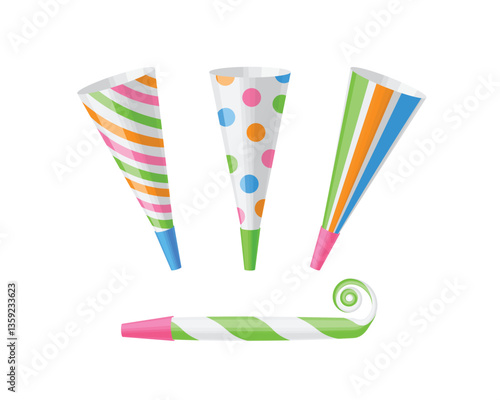 Pipe horn for parties. Colorful horns and pipes for parties. A festive accessory. Party supplies. Vector illustration