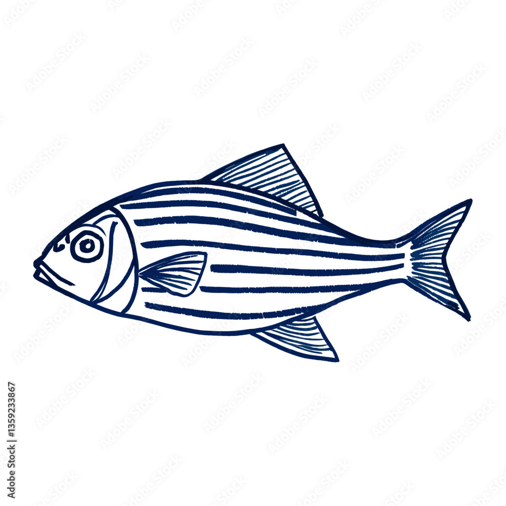 Fish illustration blue line vector