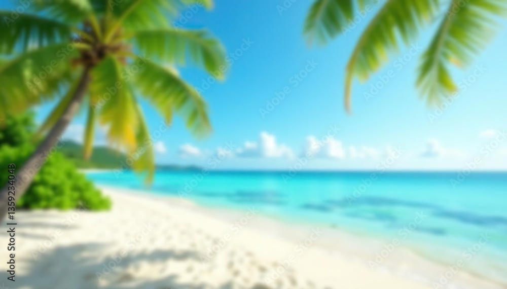 Blurred beach background with palm trees, blue sky, summer vacation banner concept, sand, sunny Blurred beach background with palm trees, blue sky, summer vacation banner concept, sand, sunny