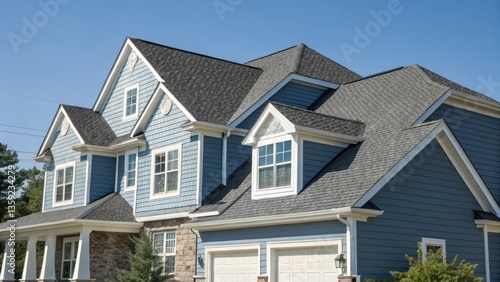 Modern suburban house with blue siding, white trim, and asphalt shingle roofing, featuring classic American architecture in a residential neighborhood.

