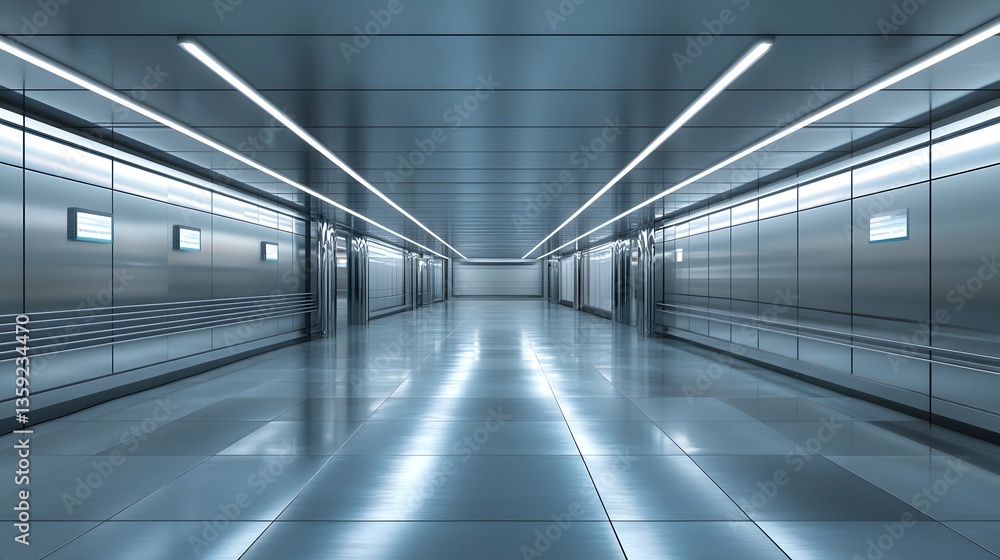 Obraz premium Futuristic Metal Corridor with Bright LED Lighting