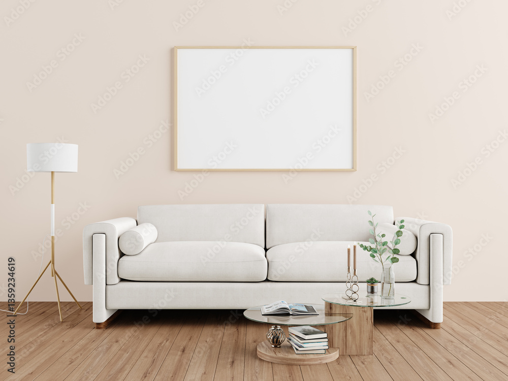 Obraz premium Cozy living room with a white sofa, coffee table, and blank frame