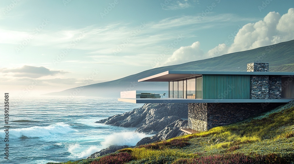 Fototapeta premium Elegant modern seaside home, sleek design with green panels and coastal stone, ocean waves thundering against cliffs