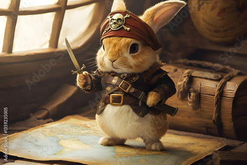 Cute Rabbit in Pirate Costume Holding Sword on Ship's Map  