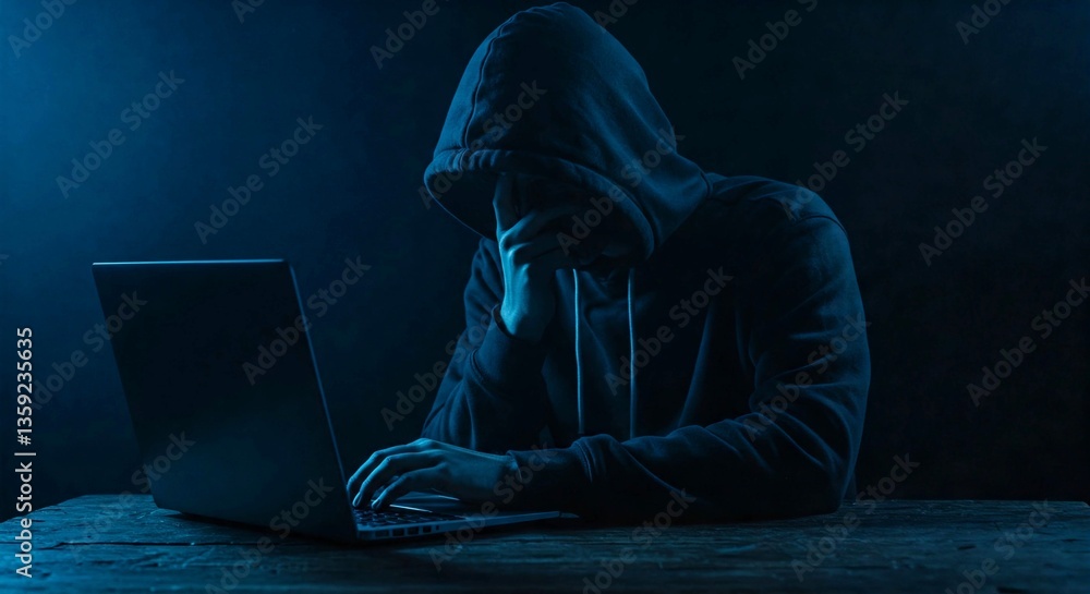 A mysterious hooded hacker working on a laptop in a dark room. Cybersecurity threat, data breach, and cybercrime concept. Symbol of hacking, anonymity, and digital security risks. A mysterious hooded hacker working on a laptop in a dark room. Cybersecurity threat, data breach, and cybercrime concept. Symbol of hacking, anonymity, and digital security risks.