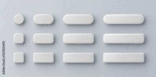 3d vector white plastic rounded rectangle button on gray background. Realistic minimal icon with shadow.