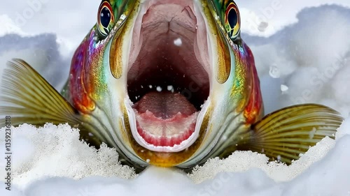 Vibrant fish emerging from ice while ice fishing during winter at a frozen lake in the early hours of the day