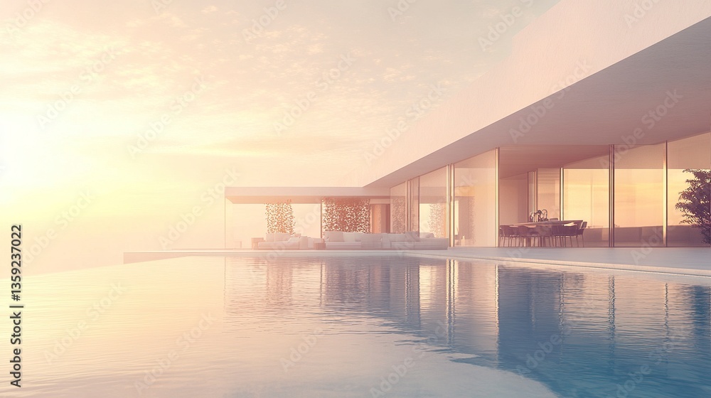 Elegant villa with infinity-edge pool, ocean breeze evident in lush tropical surroundings, modern furnishings, soft pastel sky backdrop Elegant villa with infinity-edge pool, ocean breeze evident in lush tropical surroundings, modern furnishings, soft pastel sky backdrop