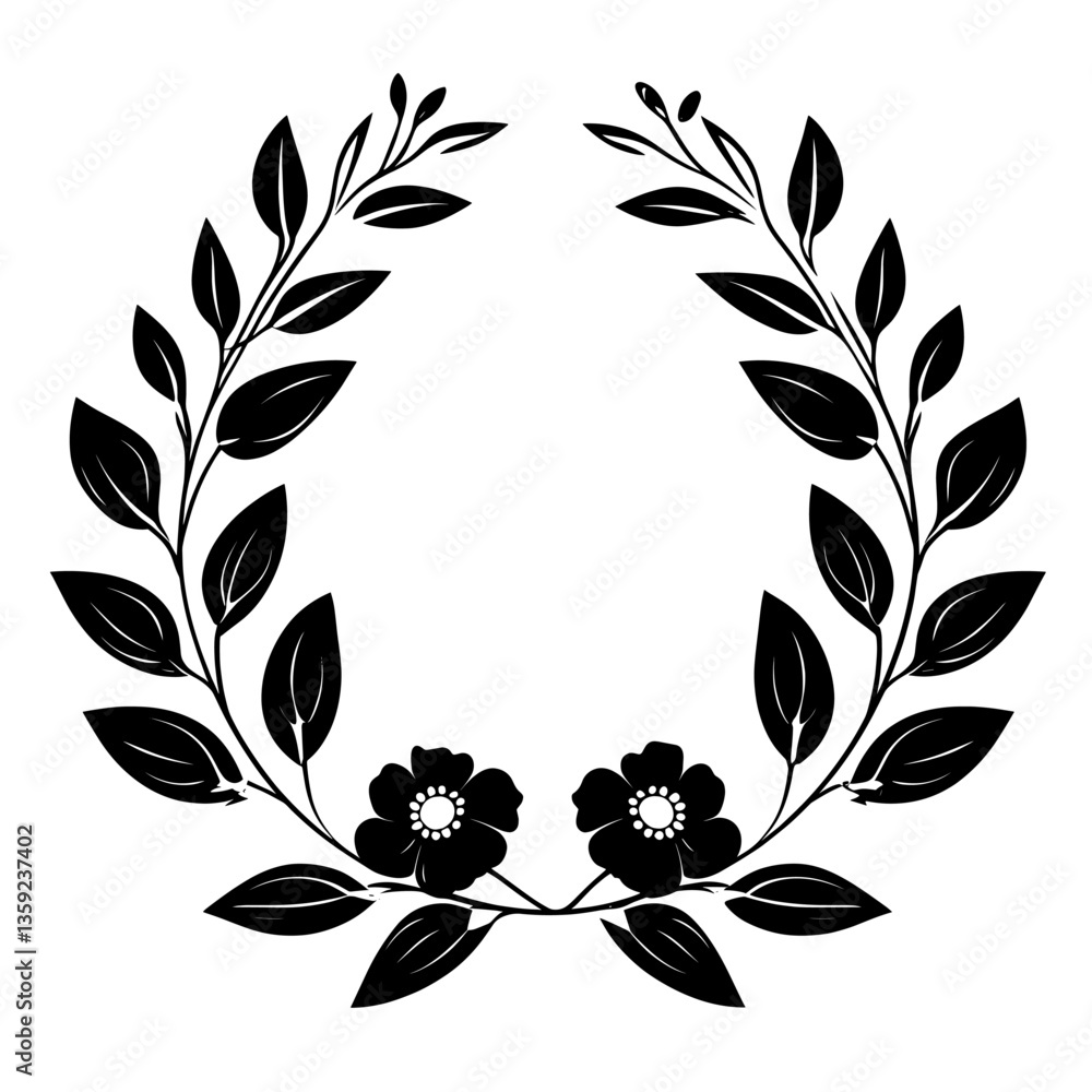 Flowers with leaves wreath illustration black white vector