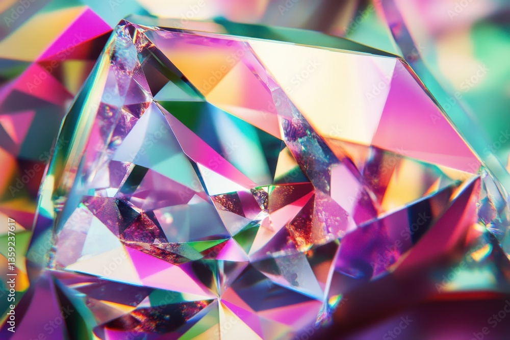 Close up view of a multifaceted gemstone showing vibrant colors and complex geometric reflections and refractions