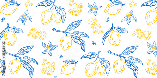Hand drawn vintage seamless pattern with lemons. Sketch style citrus fruits, flowers, leaves. Vector elegant doodle citrus tropical whimsical fruits. Lineart summer Italian background
