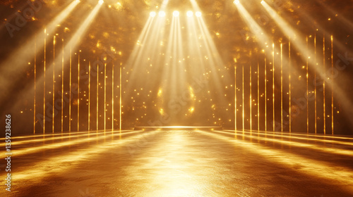 A glowing golden stage with bright spotlights and  gold vertical lighting lines on dark background with lighting effect and sparkle, stage lighting effect with bokeh and golden confetti 