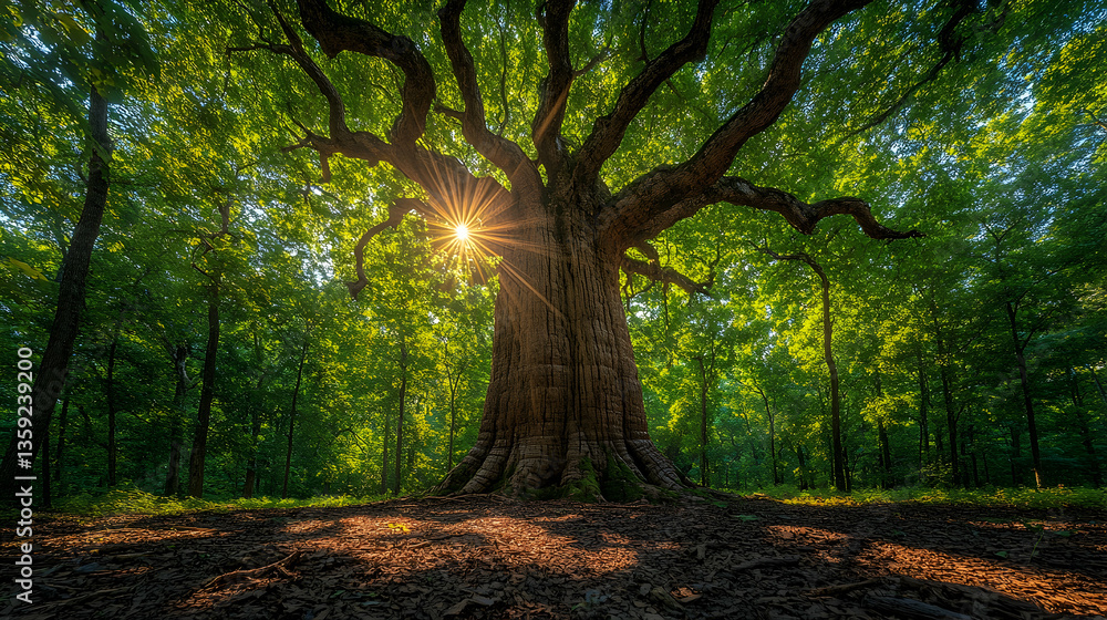 A giant tree in a green forest sunlight shining through its leaves creating a warm and peaceful atmosphere A giant tree in a green forest sunlight shining through its leaves creating a warm and peaceful atmosphere