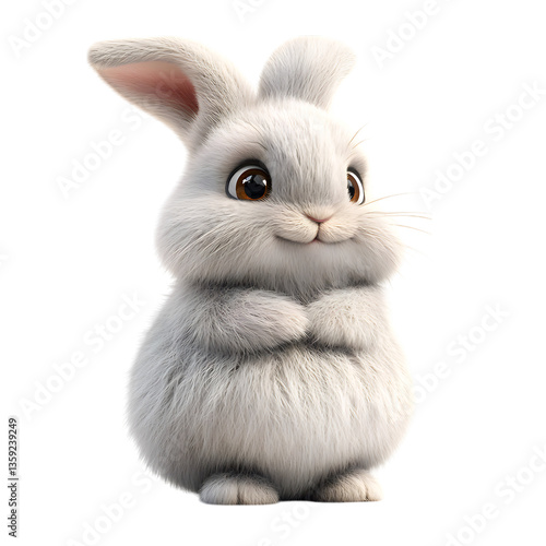 Fluffy 3D Cartoon Rabbit with Long Droopy Ears Isolated on Transparent Background