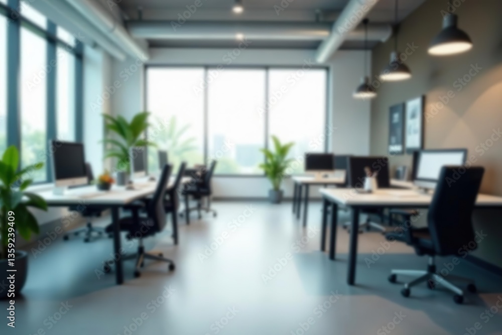 Blurred image of a contemporary office workspace with computers, chairs, and office supplies, desk, technology Blurred image of a contemporary office workspace with computers, chairs, and office supplies, desk, technology