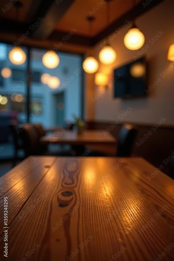 Blurred lights from a restaurant casting a warm glow on a wooden table, aesthetic, lights Blurred lights from a restaurant casting a warm glow on a wooden table, aesthetic, lights