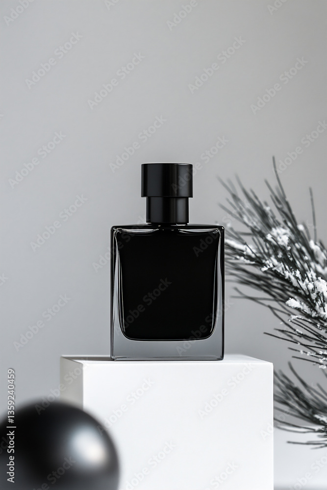 a black bottle of perfume on a white box, with two large spheres in the background. the color scheme is minimalist, featuring white and gray tones, a black bottle of perfume on a white box, with two large spheres in the background. the color scheme is minimalist, featuring white and gray tones,