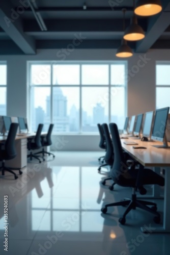 Wallpaper Mural Blurred modern office interior background with desks, chairs, and computer screens,  business concept,  modern Torontodigital.ca