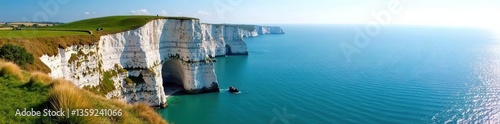 Etretat cliffs in Normandy, France, overlooking the English Channel on a sunny summer day, Etretat,  summer