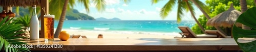 Exotic beach bar counter top with palm leaves and beach background,  sun, exotic