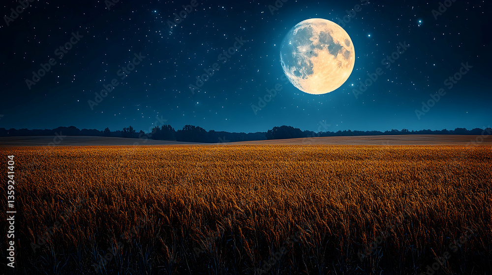 Fototapeta premium A golden field under a starry night sky illuminated by a bright full moon creating a serene and magical atmosphere