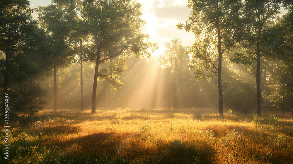 Obraz premium A golden field under trees is touched by morning light streaming down casting soft shadows and creating a warm invitin