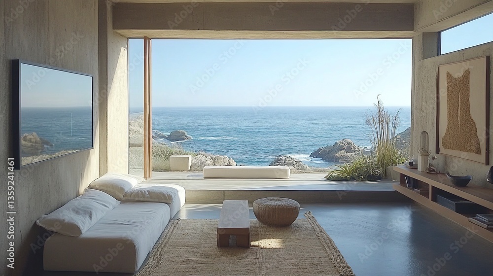 Fototapeta premium Frame shots to emphasize open windows, ocean views, or luxurious furnishings if available. Staging the Space: Add elements like rugs, plush furniture