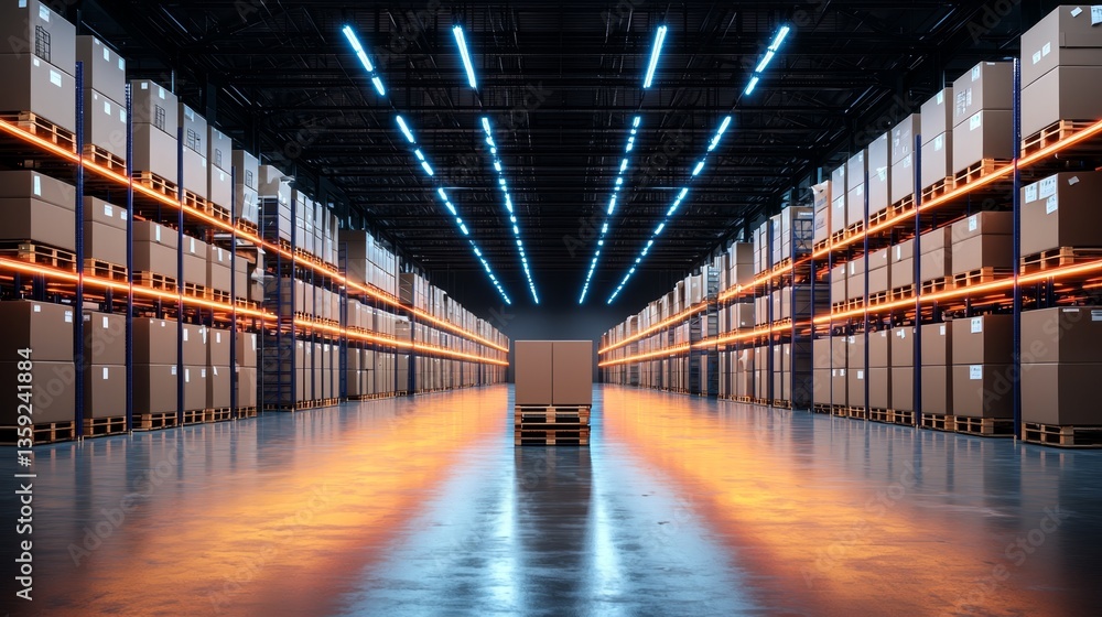 Fototapeta premium Futuristic Warehouse Scene with Boxes and High-Tech Lighting for Digital Simulation and Logistics Solutions