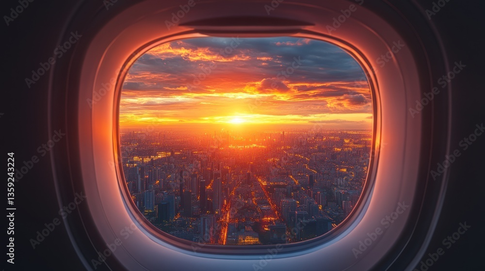 Airplane porthole windows showing a city skyline during sunset. Airplane porthole windows showing a city skyline during sunset.