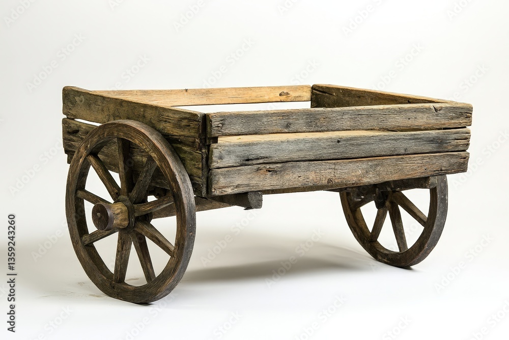 Fototapeta premium A rustic wooden wagon stands centered against a white background
