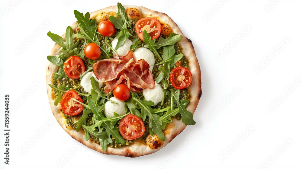 Delicious arugula and pesto pizza with cherry tomatoes and prosciutto topping for gourmet delights Delicious arugula and pesto pizza with cherry tomatoes and prosciutto topping for gourmet delights