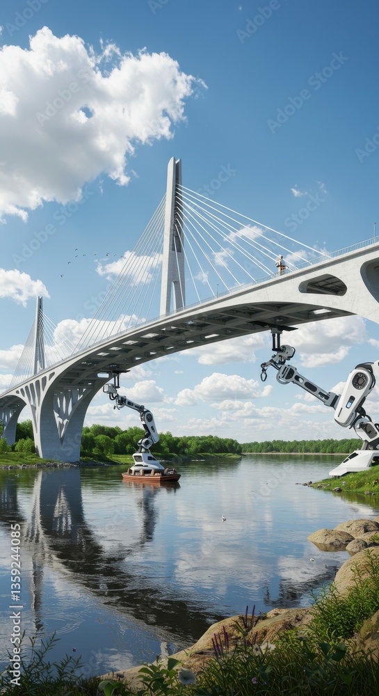 Naklejka premium Futuristic Bridge and Robotic Arms over Calm River