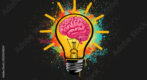 Brain Lightbulb with Colorful Splash Background  