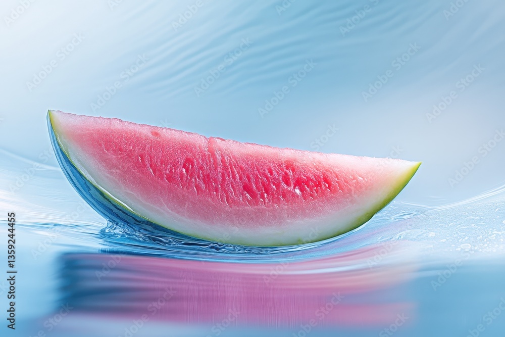 A refreshing watermelon slice floats in clear blue water A refreshing watermelon slice floats in clear blue water