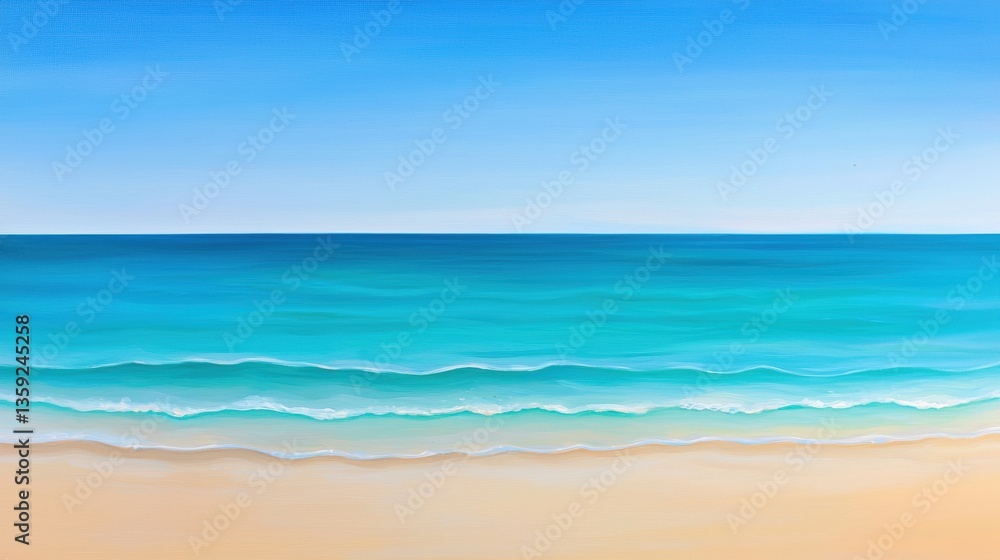 Obraz premium A serene coastal scene featuring a gradient of turquoise water meeting a sandy beach under a clear blue sky.