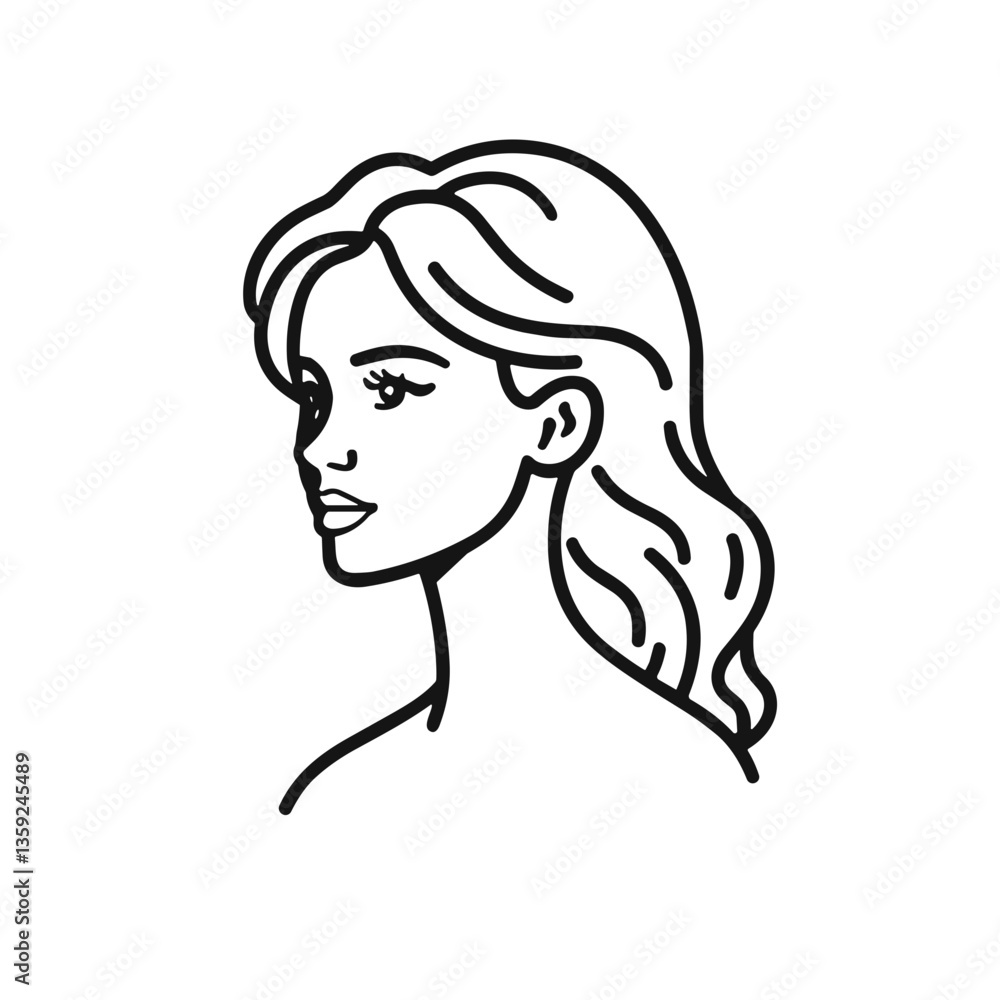 Stylish line art portrait of a woman with flowing hair  