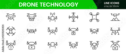 Drone Technology vector line icon set. Contains linear outline icons like Quadrocopter, Propeller, Remote Control, Radar, Camera, Battery, Delivery, Copter.