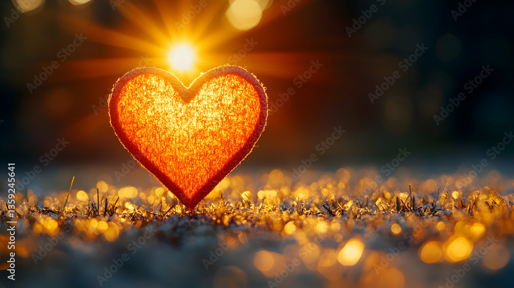 Fototapeta premium A heart-shaped decoration bathed in sunlight on grass A warm romantic glow adds to the beautiful ambiance