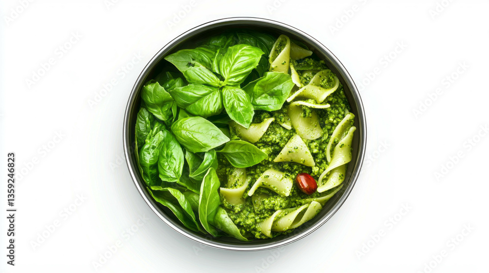 Obraz premium Delicious chlorella pasta with fresh basil pesto and tomato garnish