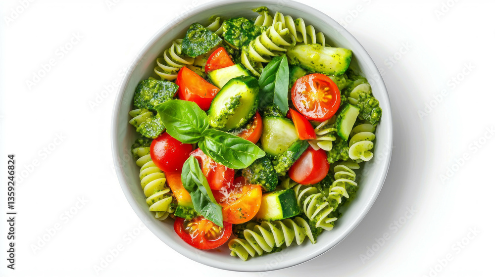 Delicious chlorella pasta with fresh pesto and vegetables for gourmet dining