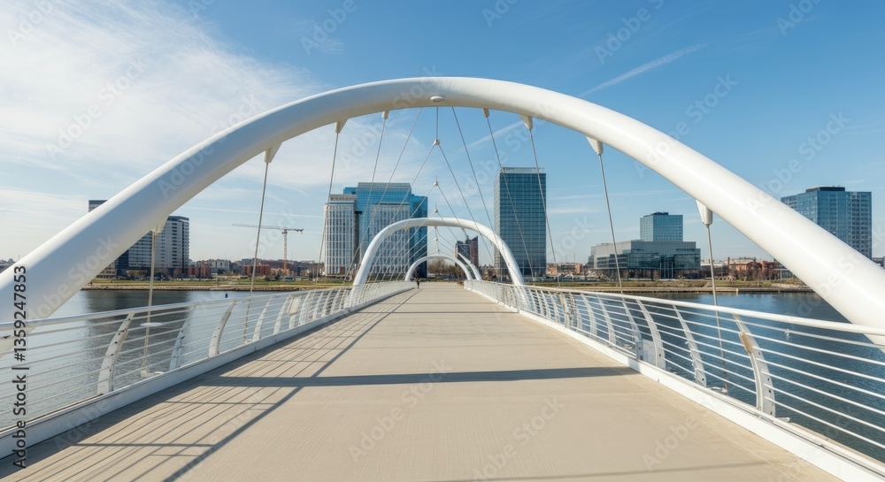 Fototapeta premium Modern arch bridge over river with skyscrapers in background under clear sky