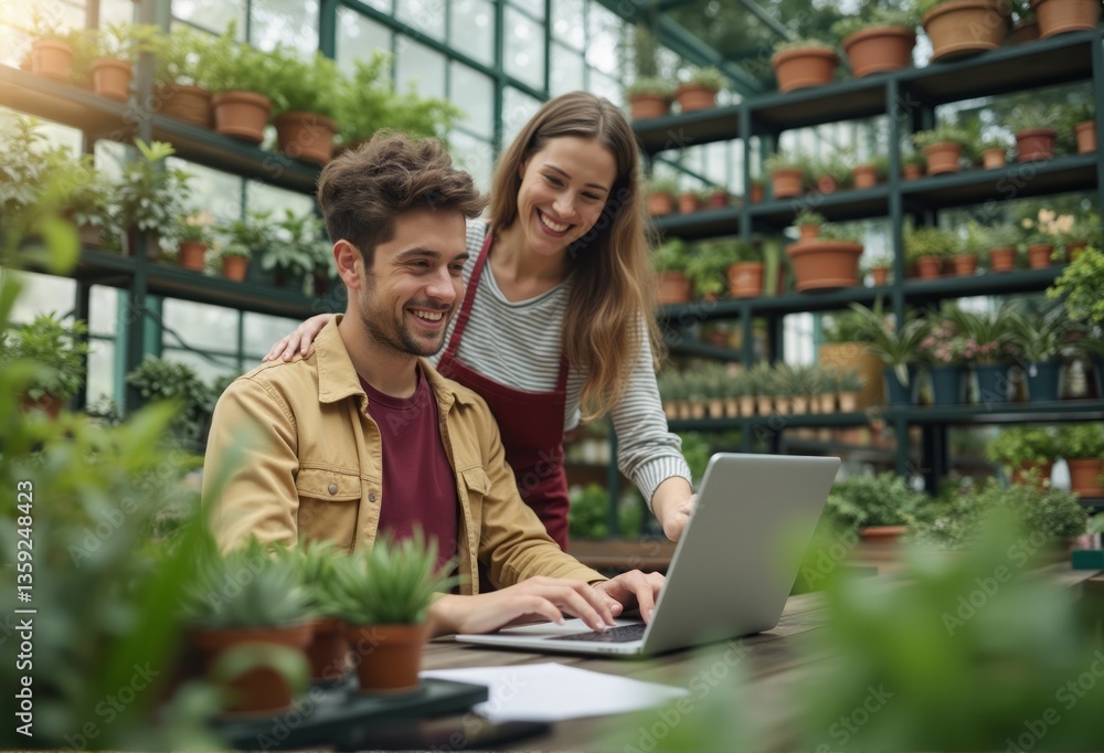 A couple in aprons work together on a laptop surrounded by greenery in their plant-filled shop. A couple in aprons work together on a laptop surrounded by greenery in their plant-filled shop.