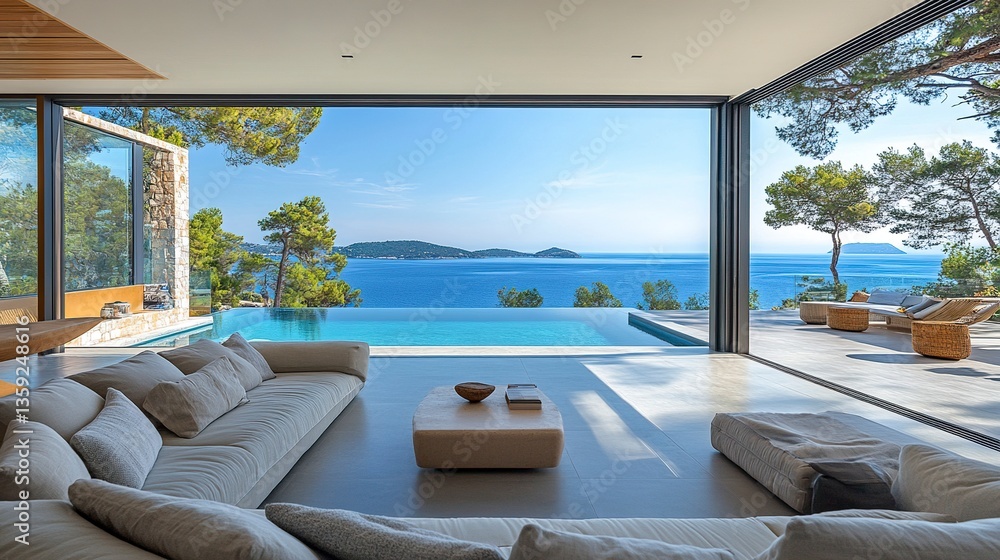 Fototapeta premium Luxurious modern villa with large glass walls framing vivid turquoise sea views, clean lines softened by natural textures, soft golden light reflecting on its minimalist surfaces. 