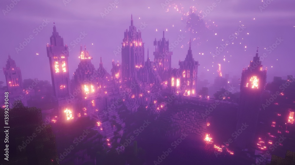 Obraz premium A magnificent illuminated castle landscape shrouded in a purple haze