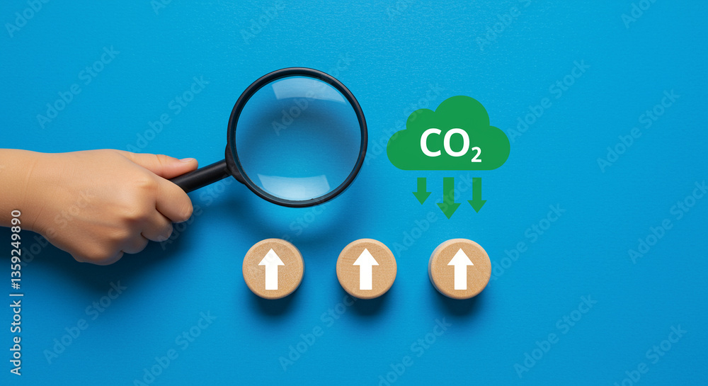 Magnifying glass examines CO2 reduction with wooden blocks and arrows on blue background. Hand holds magnifier focusing on carbon dioxide emissions decrease analysis Magnifying glass examines CO2 reduction with wooden blocks and arrows on blue background. Hand holds magnifier focusing on carbon dioxide emissions decrease analysis
