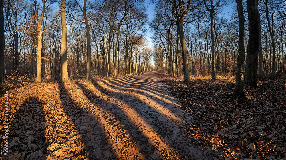 Naklejka premium A leaf-strewn path winds through bare trees against a clear sky with long shadows stretching across the ground in the w