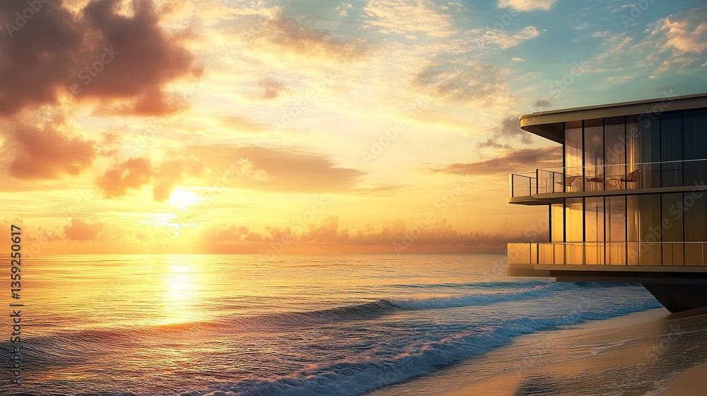 Luxury beachfront condominium with glass walls framing vibrant ocean waves, spacious balcony overlooking the shore, golden hour glow enhancing its sophisticated charm. 