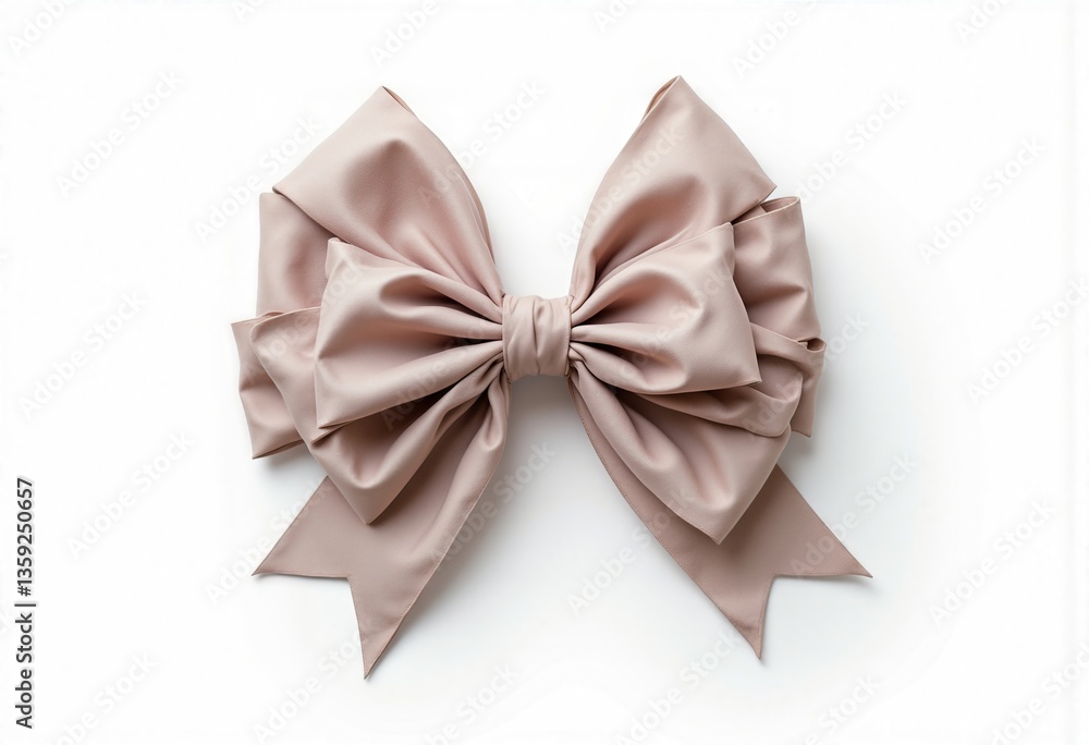 A voluminous bow, composed of multiple layers of lightweight fabric ribbon, is delicately arranged on a stark white setting A voluminous bow, composed of multiple layers of lightweight fabric ribbon, is delicately arranged on a stark white setting