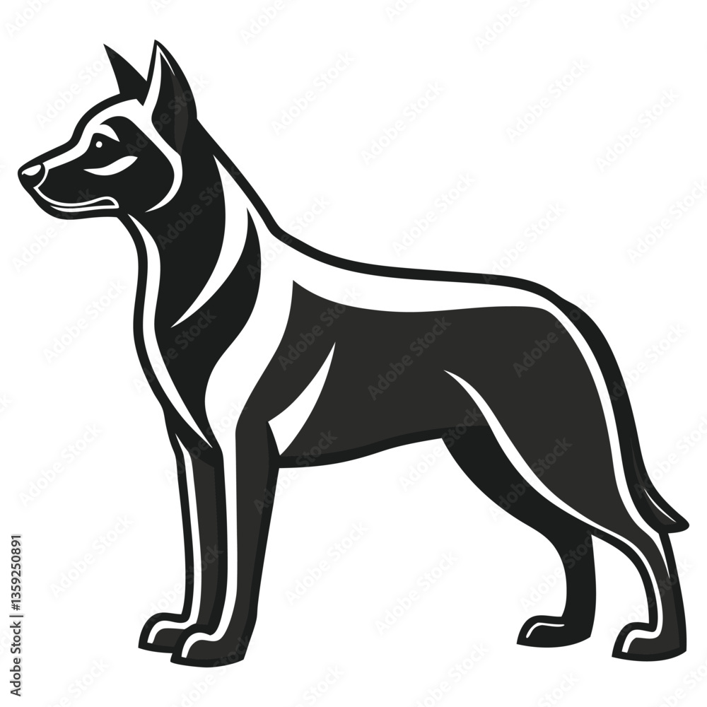 Flat Black Silhouette of Malinois Dog Isolated on White Background. Detailed Profile Flat Black Silhouette of Malinois Dog Isolated on White Background. Detailed Profile